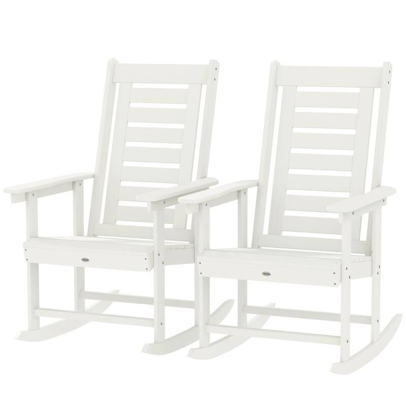 Set of 2 Outdoor HDPE Rocking Chairs with Slatted Back and Comfortable Armrests for Patio or Porch - 25.6" W x 35" D x 40.6" H - White