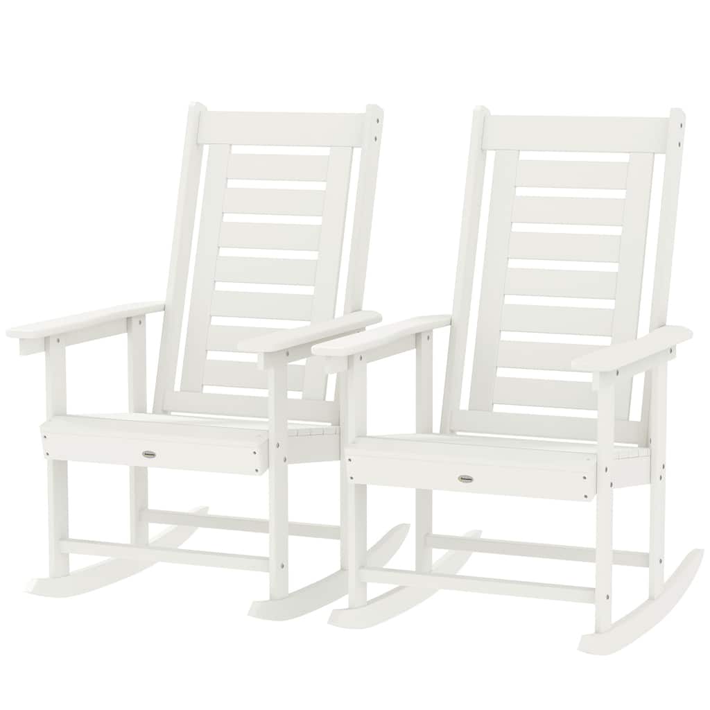 Set of 2 Outdoor HDPE Rocking Chairs with Slatted Back and Comfortable Armrests for Patio or Porch - 25.6" W x 35" D x 40.6" H