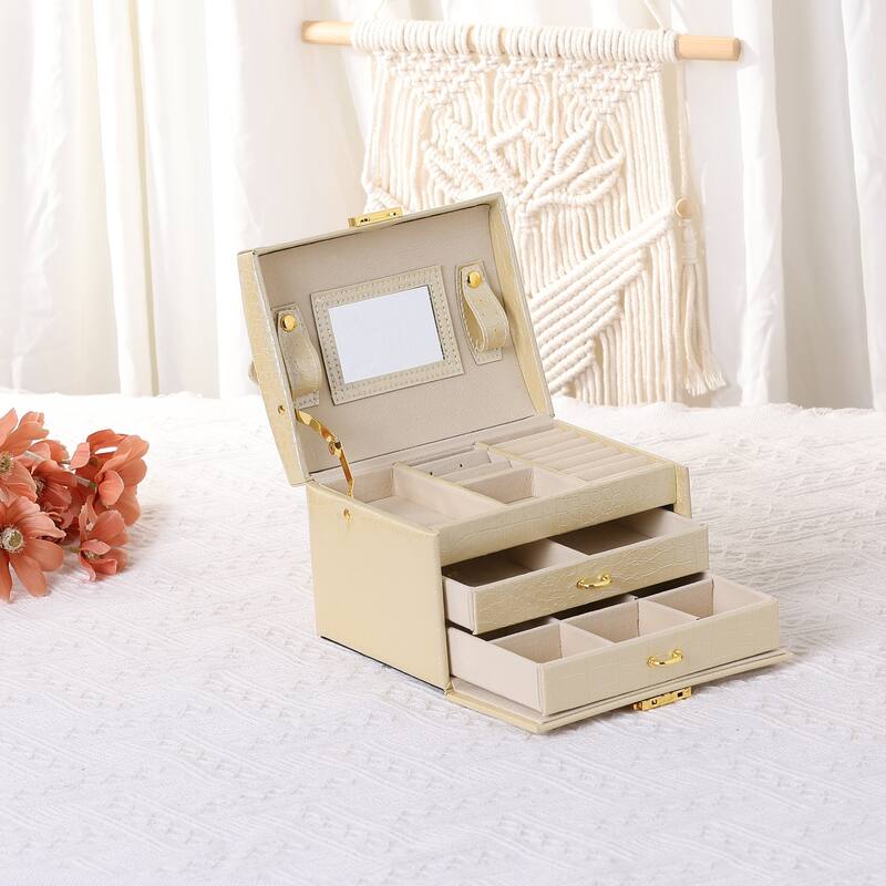 3 Layer Jewelry Box with Mirror for Women Girls Birthday Gifts, PU Leather Jewelry Organizer Storage Holder with Drawer