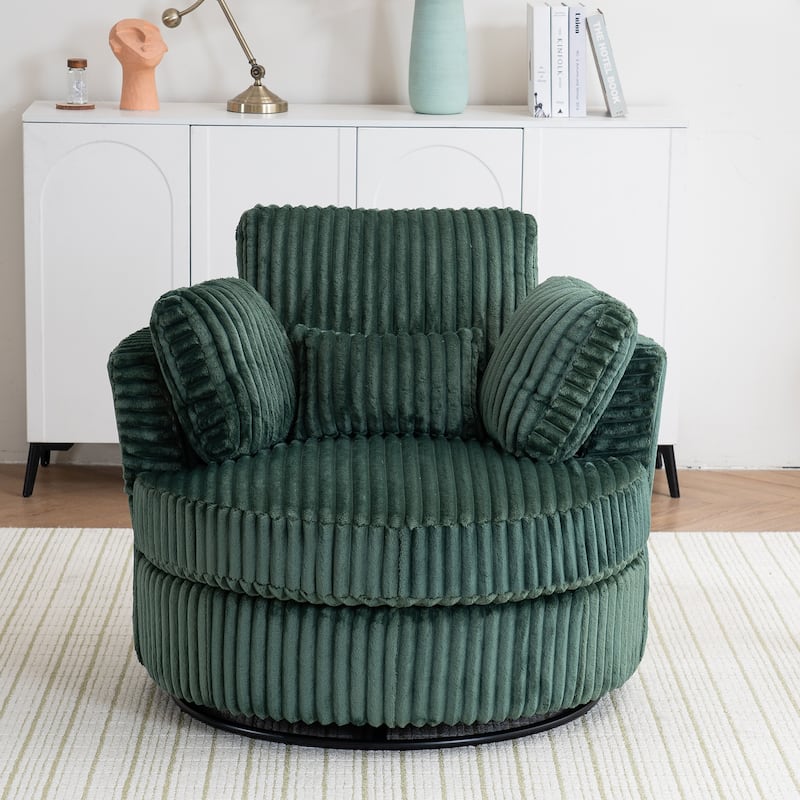 Oversized 360 Degreed Swivel Accent Chair Modern Soft Plush Corduroy Round Barrel Chair for Living Room Bedroom with Pillows - Green