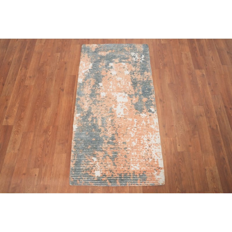 Hand Knotted Oriental Viscose Silk Carpet Modern All-Over Peach Abstract Area Rug - 4' 0'' X 2' 0''