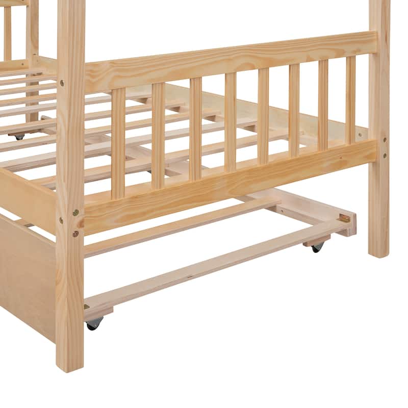 Wooden House Bed with Twin Size Trundle