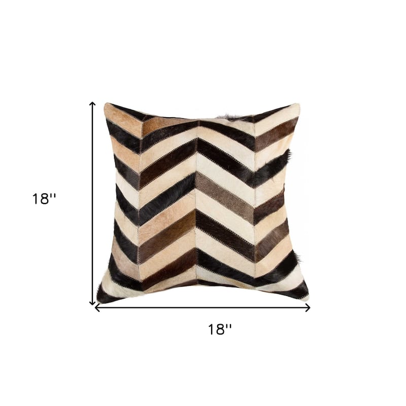 18" Brown Black and White Chevron Cowhide Throw Pillow