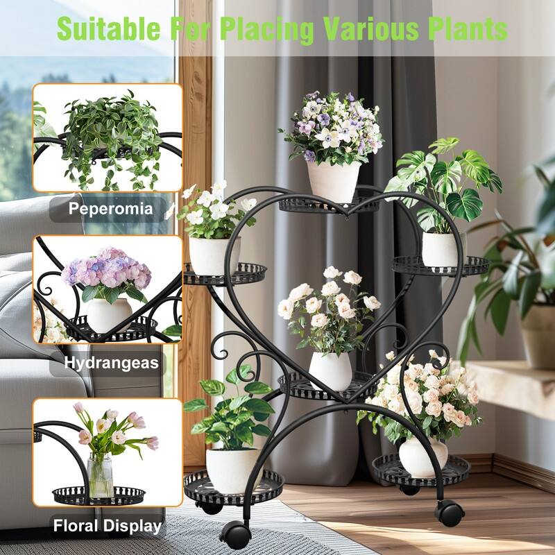 6 Potted Heart Shape Metal Plant Stand Rolling Flower Pot Organizer Display Rack