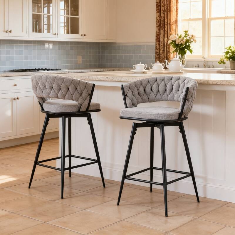 Set of 2 swivel bar stools with breathable cotton and linen soft cushions, electroplated metal frames without rust