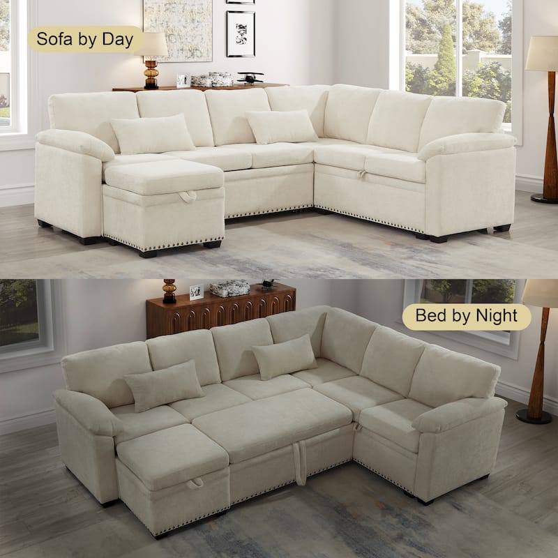 L-Shaped Chenille Sectional Sofa with Pull-Out Bed, Upholstered Convertible 7-Seater Sofa with Storage Ottoman & 2 Pillows