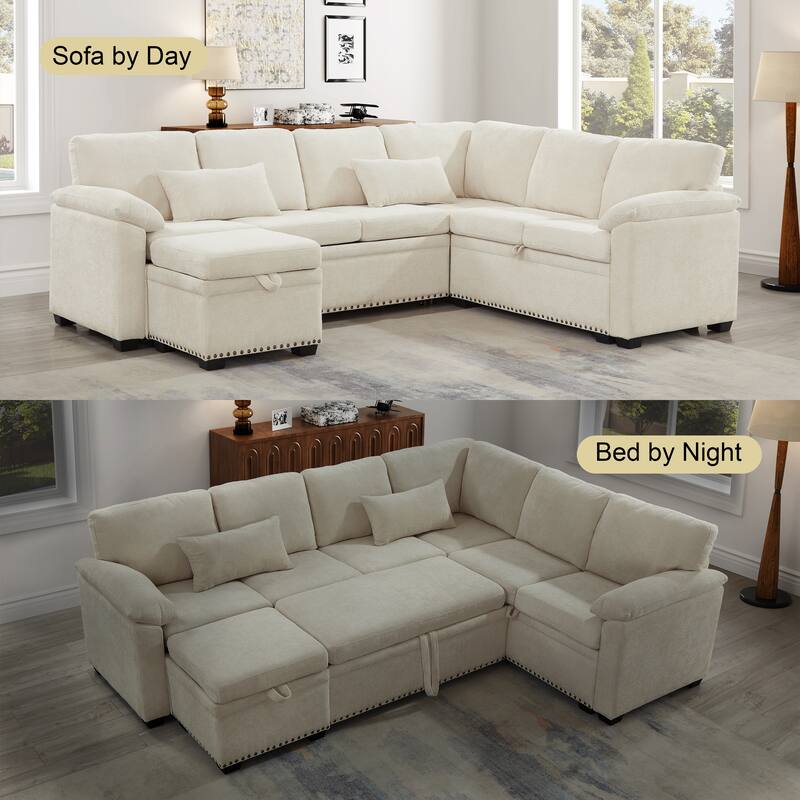L-Shaped Corner Sectional Sofa with Seat and Storage Ottoman, Chenille Sofa Bed with 2 Pillows for Living Room Sleeper Couch
