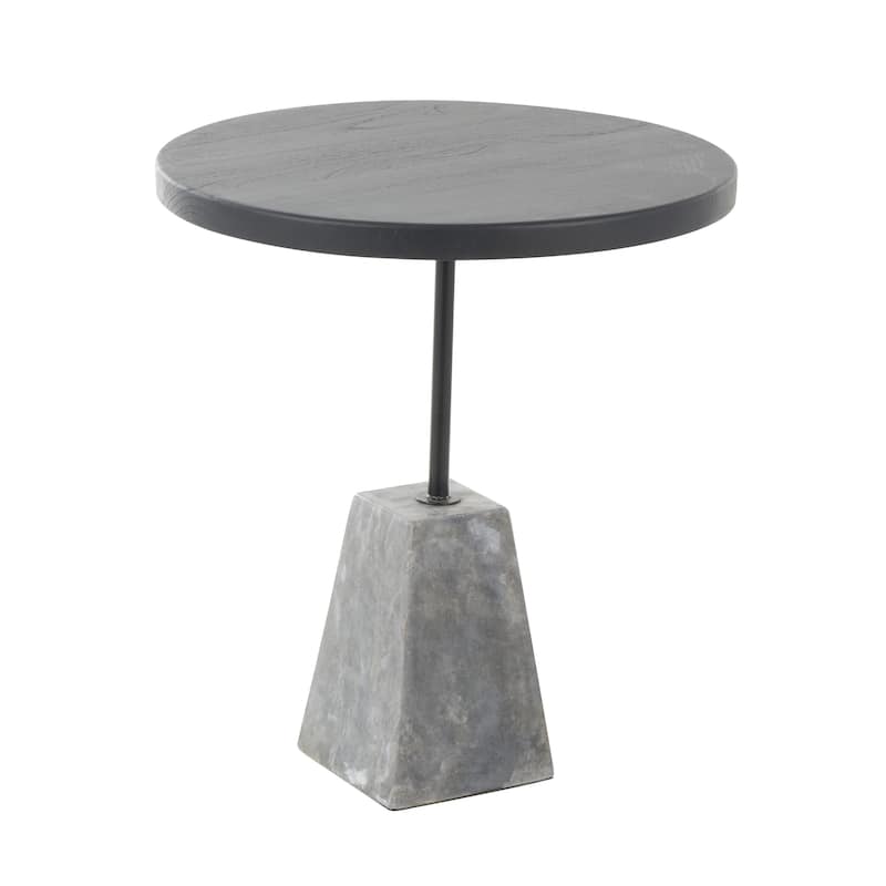 Wood Geometric Side End Accent Table with Gray Marble Pyramid Base - Black - Roche River Decor
