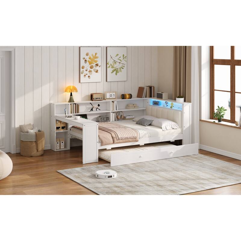 Roomfitters Twin/Full Platform Bed with Trundle, LED Headboard, Charging Station and Storage