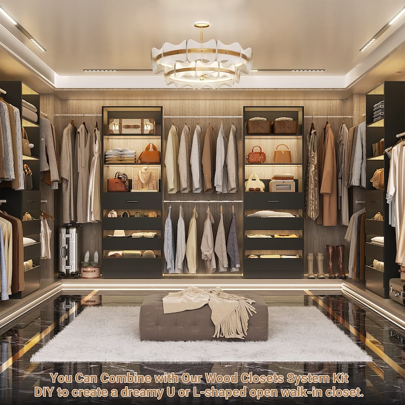 Qvella 95''-136'' W Closet System with 8 Wooden Drawers and 4 Hanging Rods, Walk-in Closet Organizer with 6 Storage Shelves