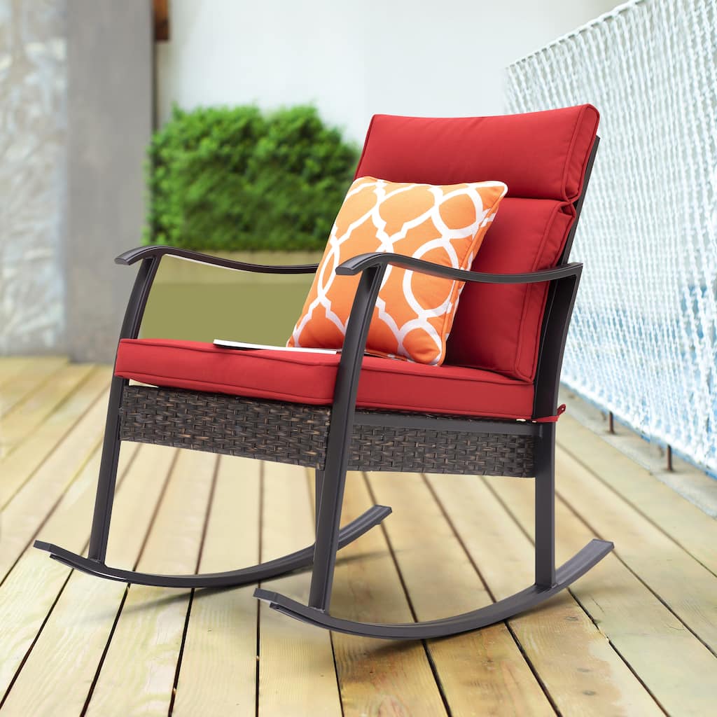 Outdoor Patio Rattan Rocking Single Chair with Padded Cushions