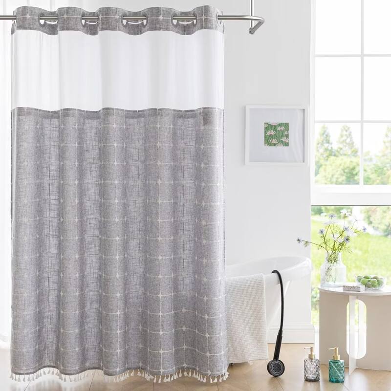 No Hook Geometric Tassels Shower Curtain with Snap-in Liner - 71"Wx74"L - Gray
