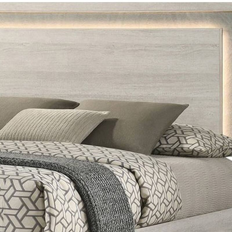 Nomi Queen Size Bed w LED on Headboard, Antique White Wash Finsih