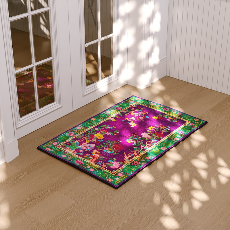 Rustic Floral Abstract Indoor Rug Purple Anti-slip & Washable