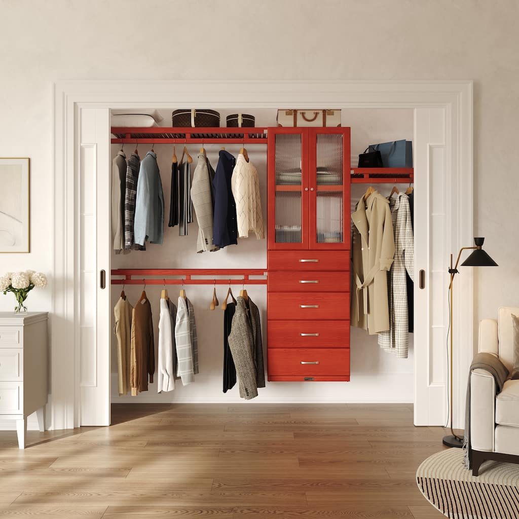 John Louis Home Solid Wood Reach-In Simplicity Closet System with 5-Drawers and Doors Red Mahogany