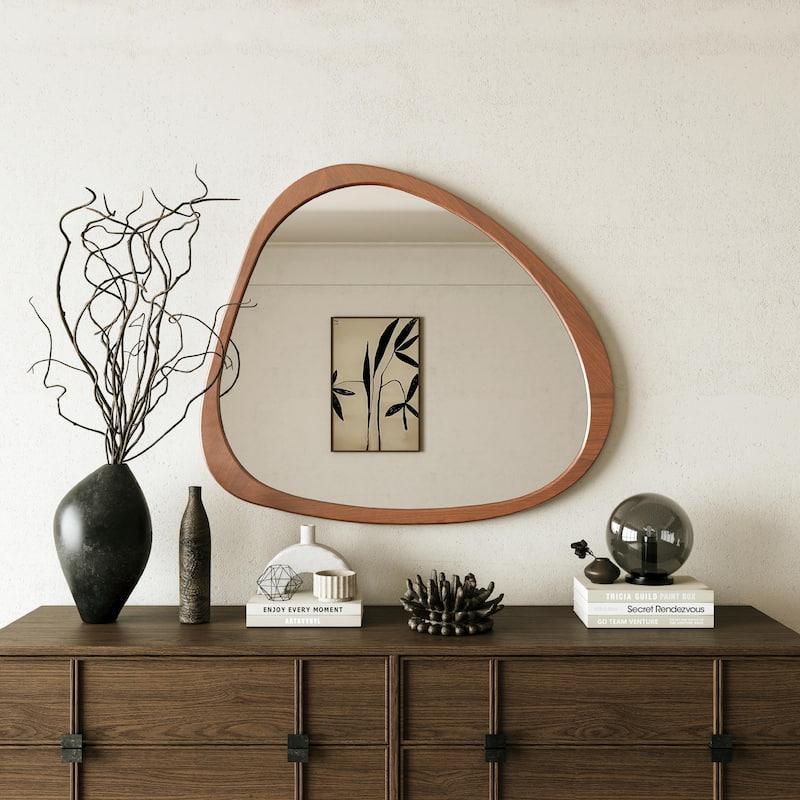 45-Inch Asymmetrical Wall Mirror with Wooden Frame - Natural Wood
