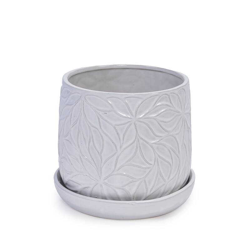 Set of 2 Handmade Modern Embossed Leaf Ceramic Planters with Saucers