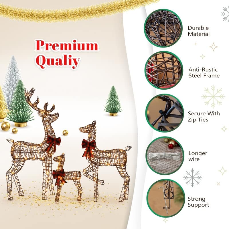 3-Piece Lighted Rattan Christmas Reindeer Family Set Outdoor Decorations - Brown