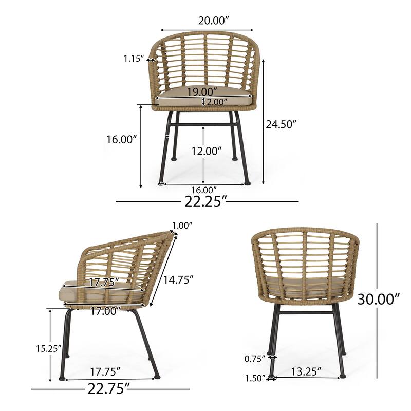 Randy Outdoor Wicker Chairs w/ Water-resistant Cushions (Set of 2) by Christopher Knight Home - 22.25" L x 22.75" W x 30.00" H