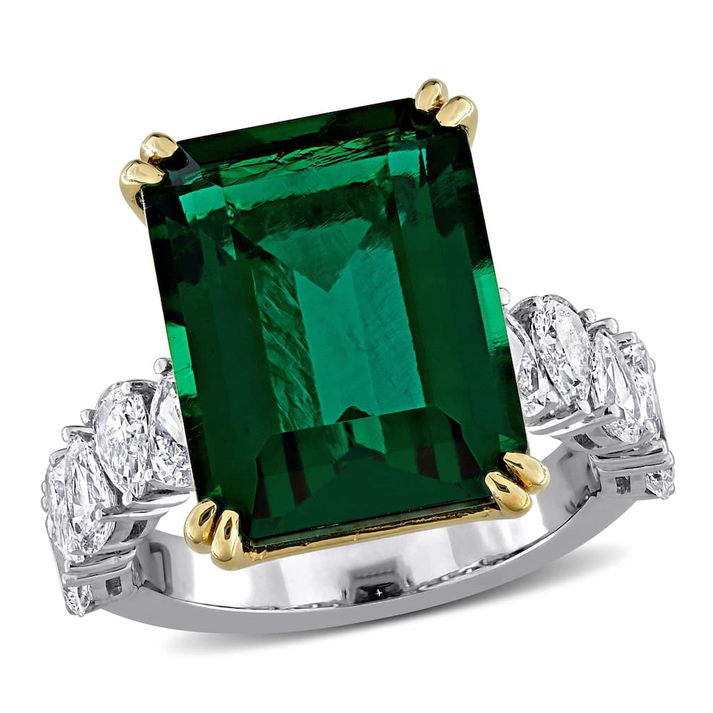 Miadora 10 7/8ct TGW Created Emerald 1 1/2ct TW Lab-Grown Diamond Ring 18k Two-Tone Gold