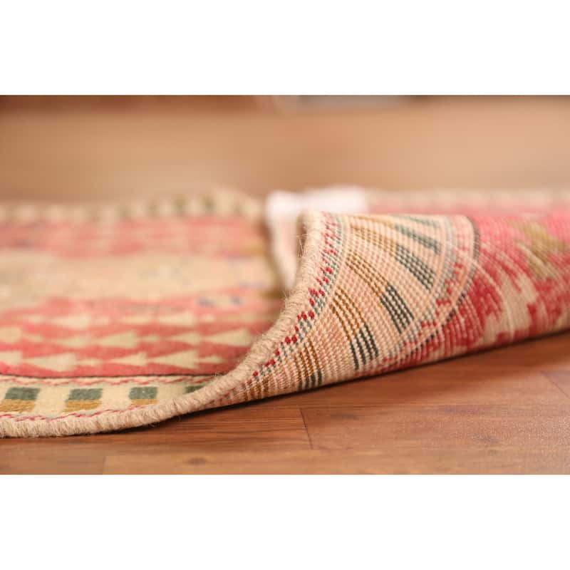 Hand Knotted Oriental 100% Wool Carpet Traditional Geometric Pink Tabriz Runner Rug - 9' 7'' X 3' 3''