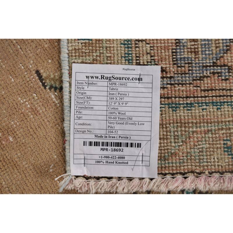 Distressed Tabriz Vintage Persian Rug Handmade Peach Wool Carpet - 9'9" x 12'9"