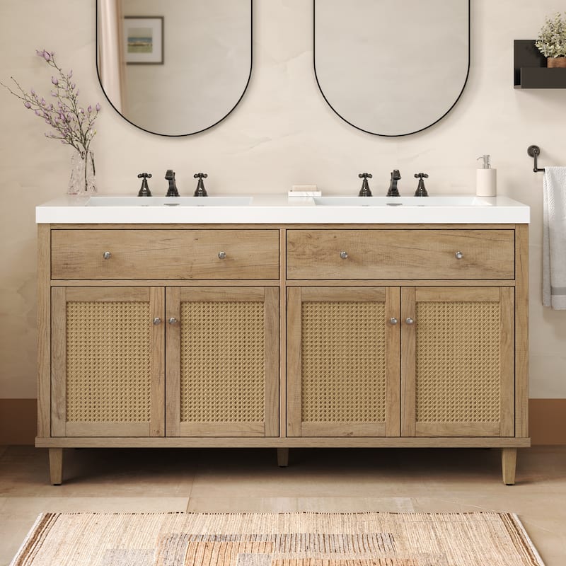 Christopher Knight Home - Bellmere 60" Modern Double Sink Bathroom Vanity with SMC Sink, Soft-Close Storage, and Solid Wood Legs - Wood
