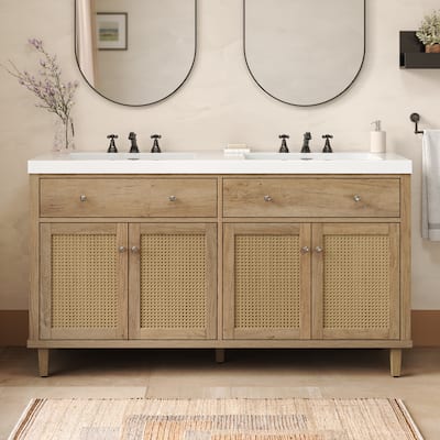 Christopher Knight Home - Bellmere 60" Modern Double Sink Bathroom Vanity with SMC Sink, Soft-Close Storage, and Solid Wood Legs