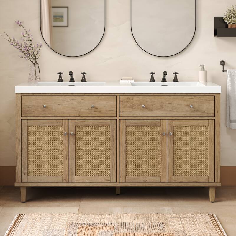 Christopher Knight Home - Bellmere 60" Modern Double Sink Bathroom Vanity with SMC Sink, Soft-Close Storage, and Wood Legs