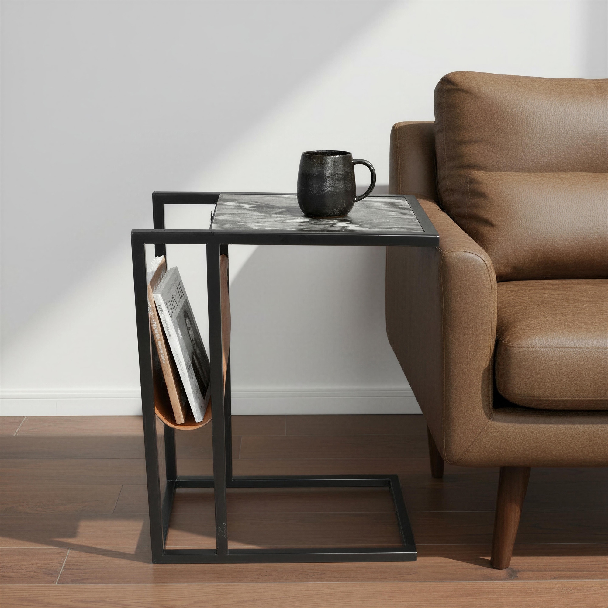 Handmade Marble Rectangular Side Table with Storage Rack - 25" - Gray and Black