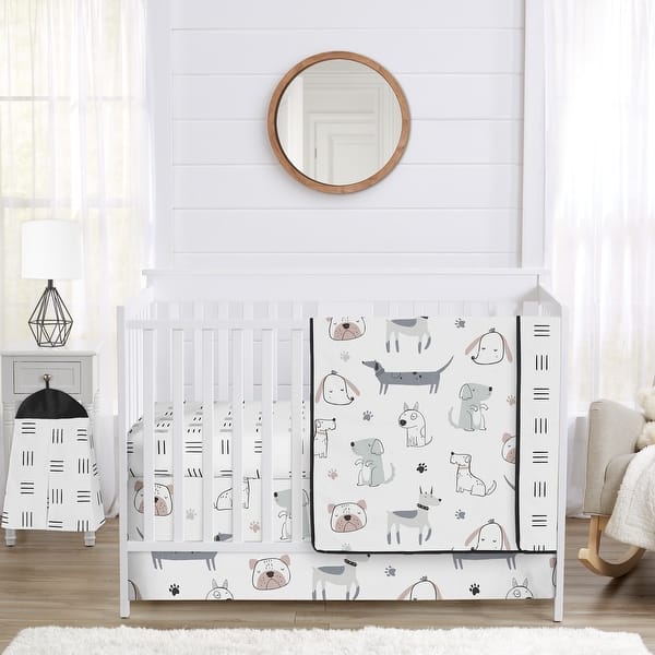 slide 2 of 6, Sweet Jojo Designs Dog Boy Girl Unisex/Gender Neutral 4pc Nursery Crib Bedding Set Grey Taupe Blue Modern Puppy Watercolor Hatch