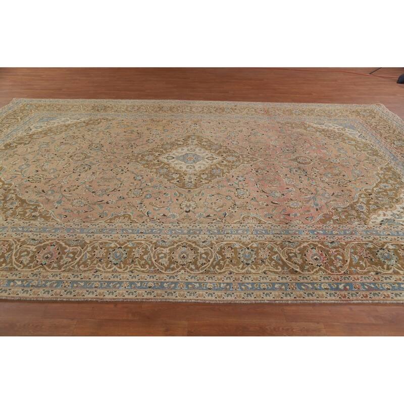 Hand Knotted Oriental 100% Wool Carpet Traditional Floral Pink Mashad Area Rug - 13' 3'' X 9' 7''