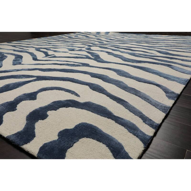 Hand Made Wool & Faux Silk Animal Print Modern Oriental Area Rug Blue