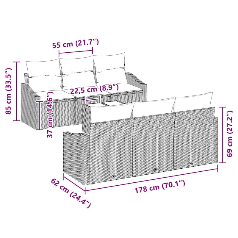 vidaXL 7 Garden Sofa Set with Cushions Black Poly Rattan - 70.1 x 24.4 x 27.2