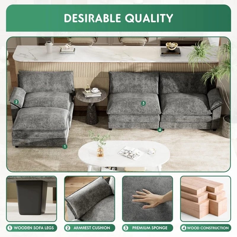 Furniwell 3-Seat Sectional Sofa with Ottoman Sectional Couch with Reversible Toffee Chair Convertible Sofa