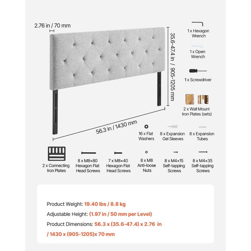 Light Grey Linen Fabric Diamond Tufted Full Size Headboard with Adjustable Height and Steel Frame