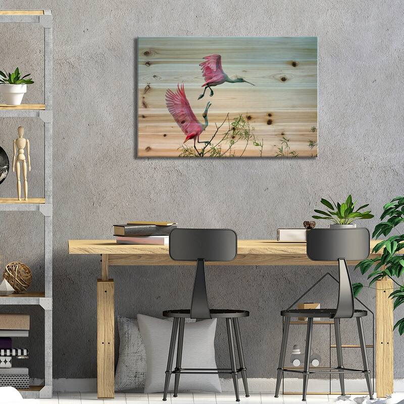 Rosy Pair (Roseate Spoonbills) Print On Wood by C. Mei - Multi-Color
