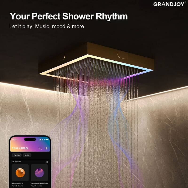 GRANDJOY Thermostatic LED Rain and Waterfall Shower System with Handheld, Built-In Music Function