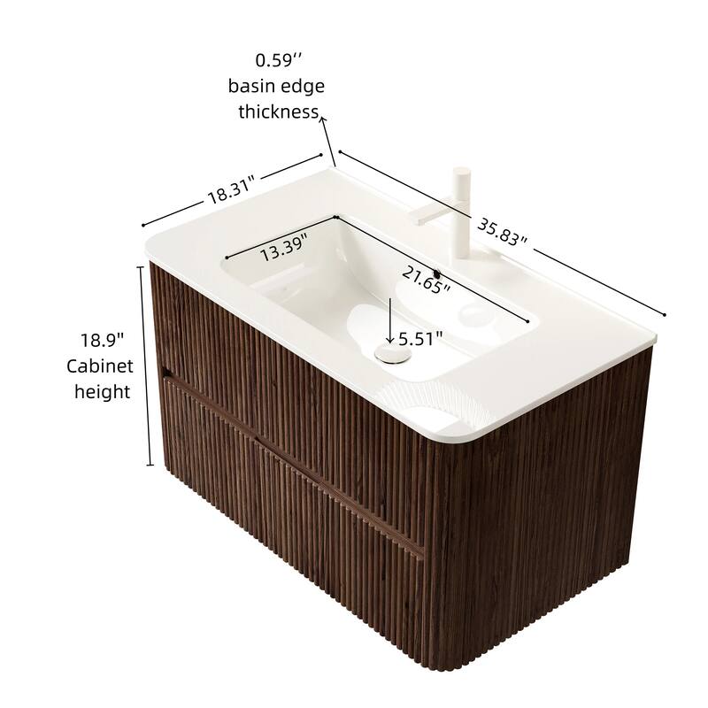 GDFStudio - Noor Modern Floating Bathroom Vanity with Dual Drawers & White Ceramic Basin, WITHOUT Faucet