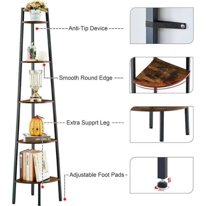 5-Tier Corner Bookshelf, Rustic Ladder Shelf