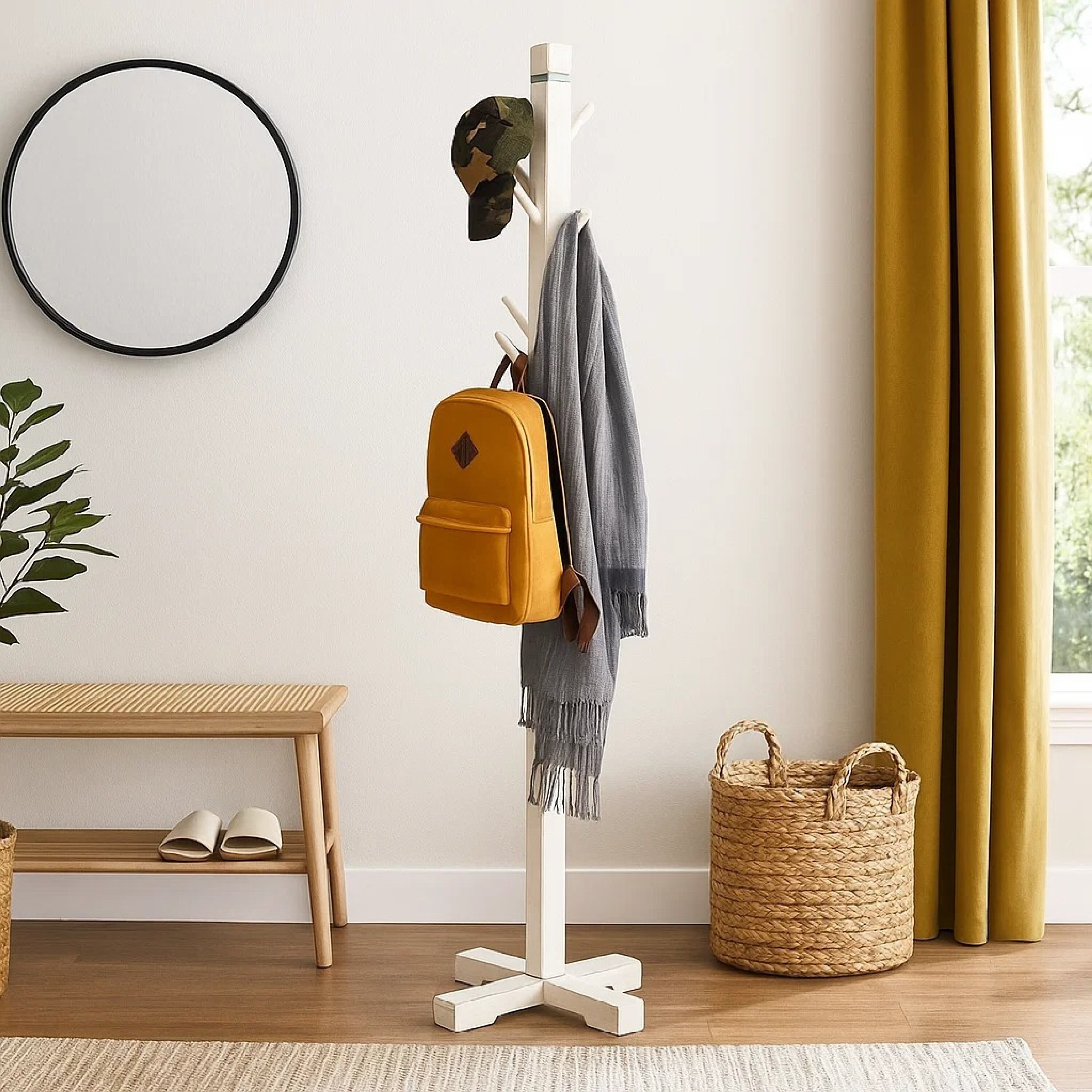 Rena Coat, Hat Rack Stand, 8 Wood Stems, 72 Inch Rustic White