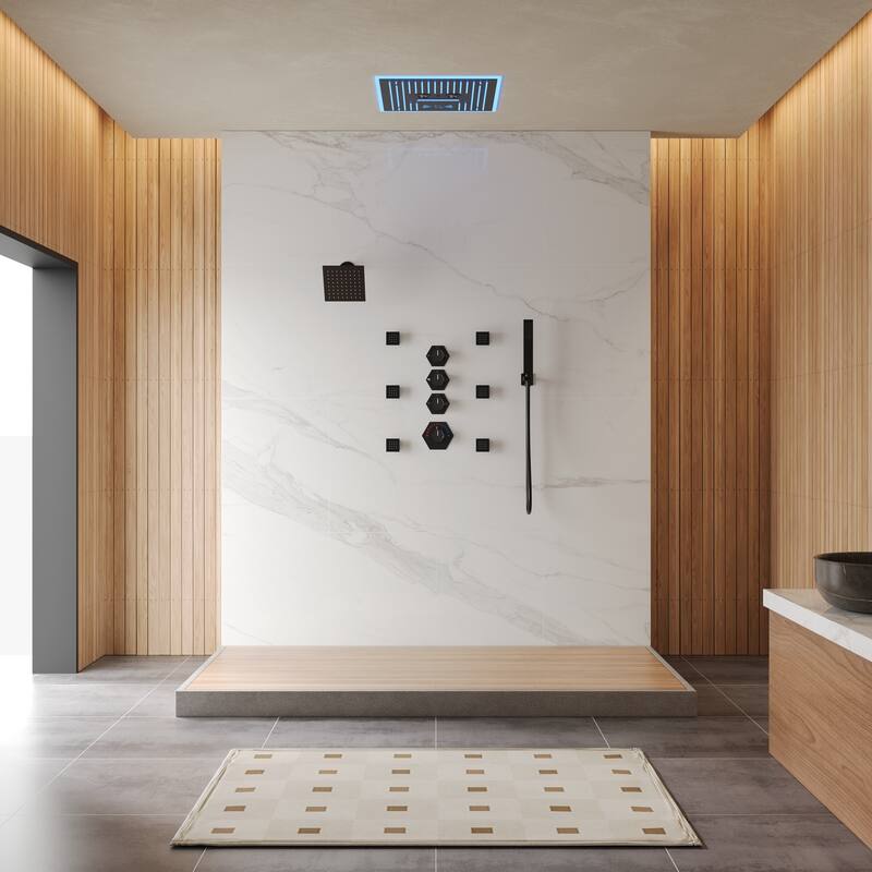 Shower Faucet Set Dual Heads with 3 Spray Modes 16" Ceiling and 6" Wall Mount Body Jets Handheld Spray LED Music