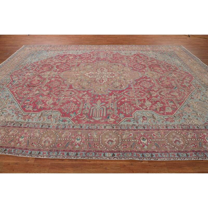 Pink Distressed Tabriz Persian Vintage Area Rug Handmade Wool Carpet - 9'9" x 12'11"