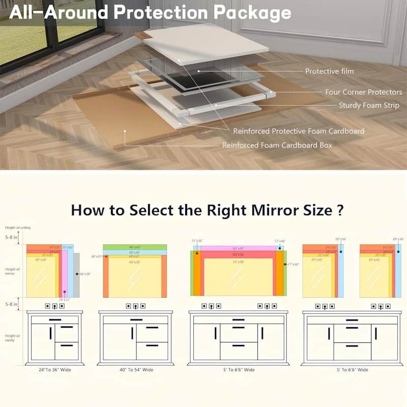 Large LED Bathroom Mirror with UL Listed, Front and Backlit, Anti-Fog, 3 Color Temperature, Dimmable