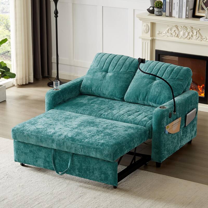 Chenille Loveseat Convertible Pull-out Sleeper Sofa Bed, Tufted Couch w2 Cup Holders Phone Holder & 3 USB Ports, Pockets