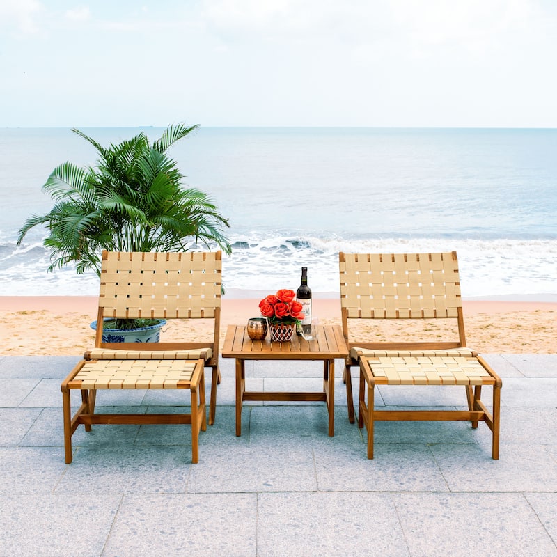 SAFAVIEH Outdoor Patio Furniture Zehra Acacia Wood Lounge Chair and Ottoman Set with Side Table - 24W x 28D x 31H