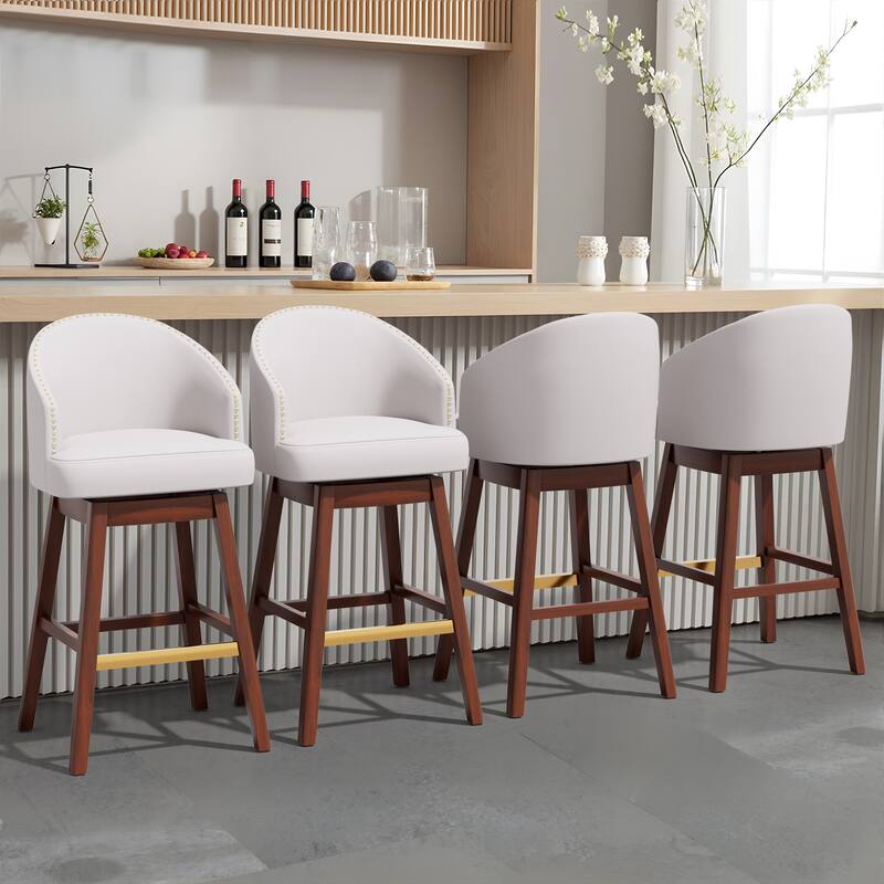 31.9" Height Modern Swivel Bar Stools Upholstered Solid Wood Bar Stools - Set of 4 - Ivory-White