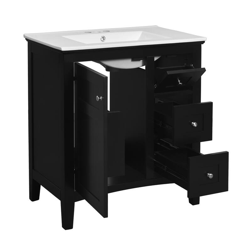Modern Simple Bathroom Cabinet Freestanding Bathroom Vanity with Ceramic Sink, Tip-out Drawer, 2 Drawers and Side Door Organizer