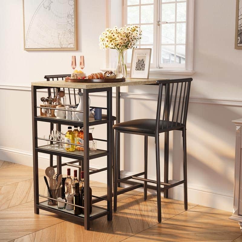 3 Pieces Bar Table Set and Chairs Set for 2 with 3 Storage Shelves