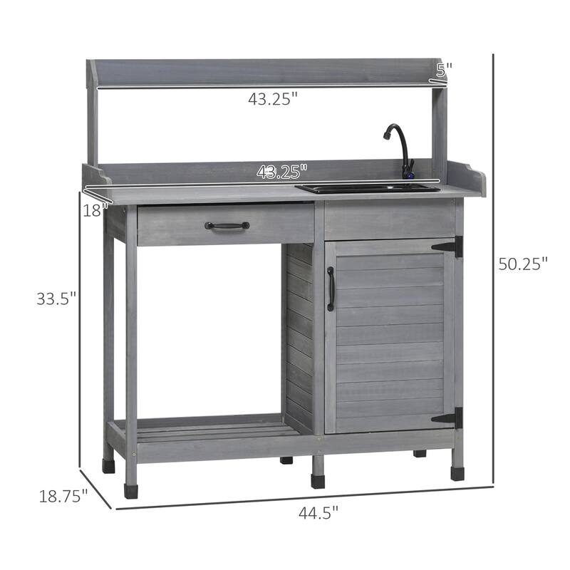 Outdoor Wooden Potting Bench with Sink and Storage Cabinet Drawer and Shelves for Gardening - 44.5" L x 18.7" W x 50.2" H